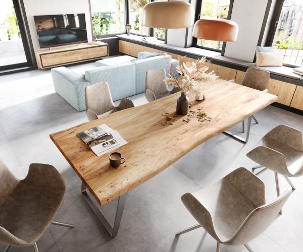 Jídelní stůl Edge 260x100cm XL akácie přírodní nerezová ocel stříbrná šikmá - Image 4