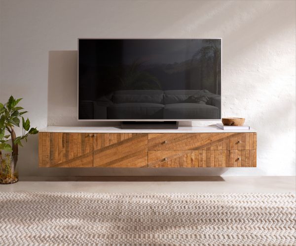 TV stolek Bahan 175 cm mango teak 2 dvířka 2 šuplíky mramor bílá - Image 2