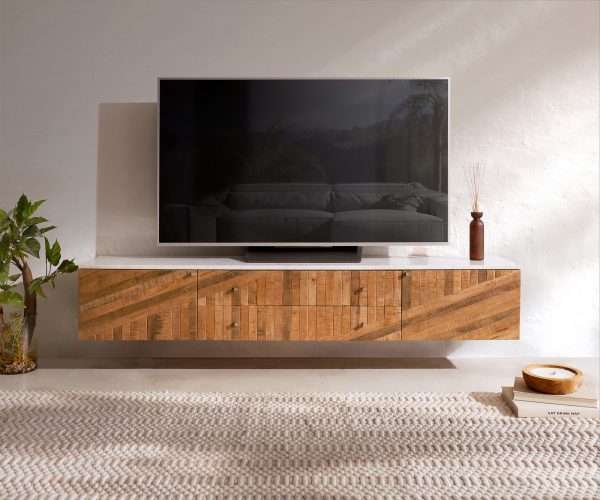 TV stolek Bahan 175 cm mango teak 2 dvířka 2 zásuvky mramor bílá - Image 2