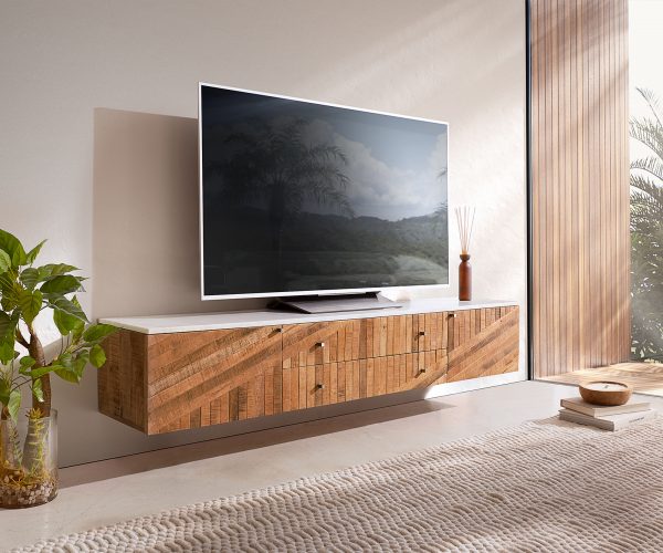 TV stolek Bahan 175 cm mango teak 2 dvířka 2 zásuvky mramor bílá