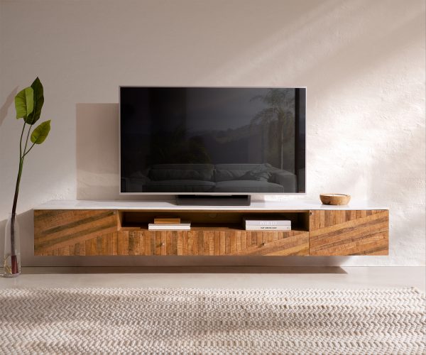 TV stolek Bahan 220 cm mango teak 2 dvířka 2 zásuvky 1 přihrádka mramor bílá - Image 2