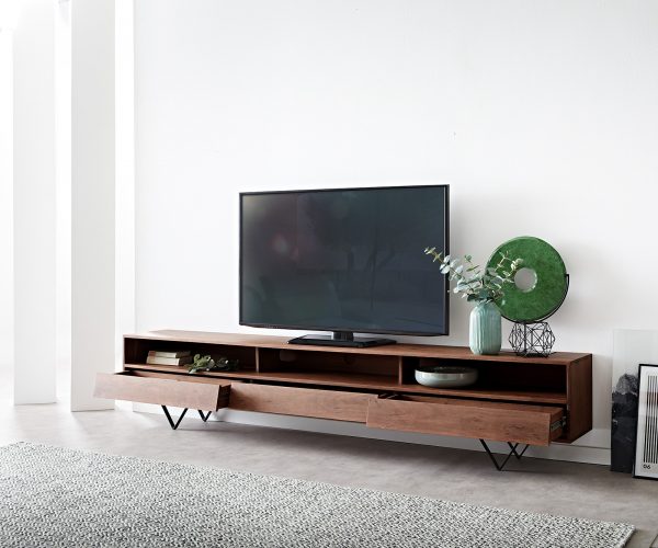 TV stolek Eloi 240x35 cm hnědá akácie 3 šuplíky podnož "V" černá - Image 4