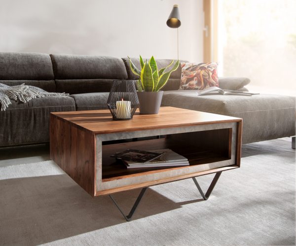Konferenční stolek Stonegrace 80x60 cm Akátová hnědá kamenná dýha V-základna černá