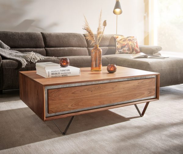 Konferenční stolek Stonegrace 115x60 cm Akátová hnědá kamenná dýha 2 zásuvky V-Base Black