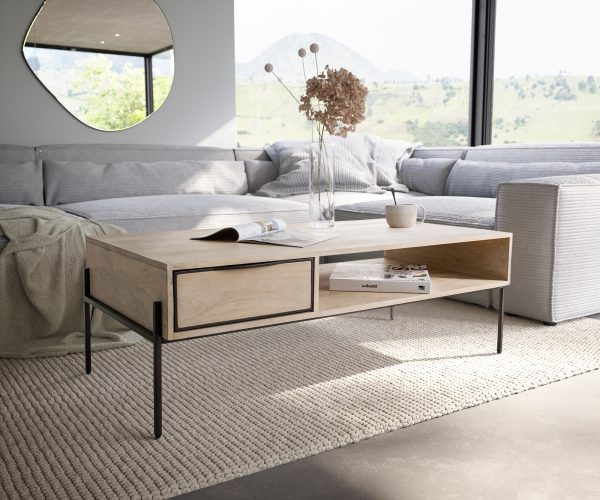 Konferenční stolek Henora 120x60 cm mango bílá 1 zásuvka černý kov