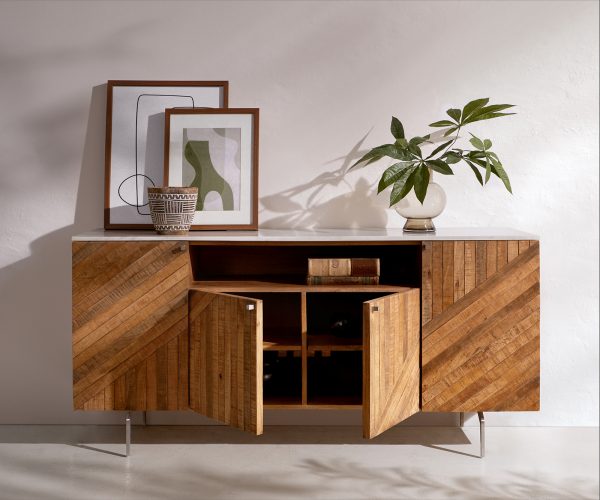 Komoda Bahan 145 cm mango teak 4 dvířka 1 přihrádka bílá mramor - Image 4