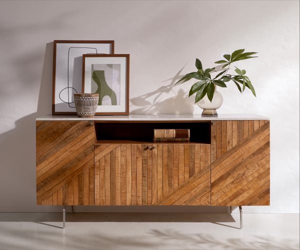 Komoda Bahan 145 cm mango teak 4 dvířka 1 přihrádka bílá mramor - Image 2