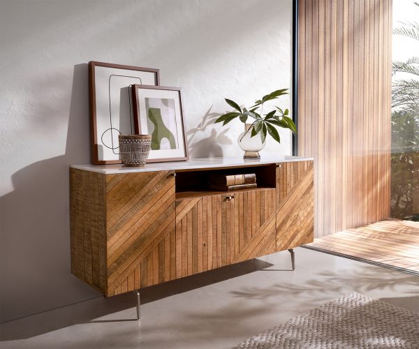 Komoda Bahan 145 cm mango teak 4 dvířka 1 přihrádka bílá mramor
