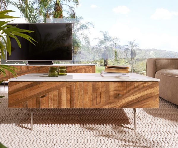 Konferenční stolek Bahan 115x60 cm mango teak 2 zásuvky bílá mramor - Image 2