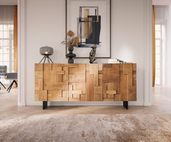Komoda Puzzle 175 cm přírodní akácie 3 dvířka podnož černý kov - Image 2