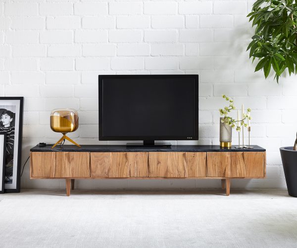 TV stolek Shia 200 cm přírodní akácie mramor černá 4 dvířka - Image 2