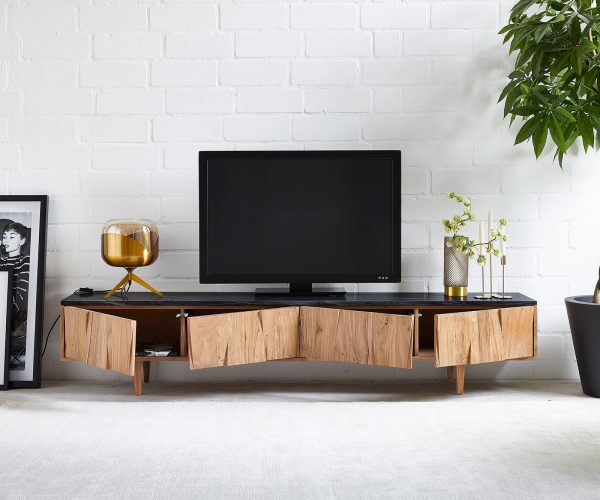 TV stolek Shia 200 cm přírodní akácie mramor černá 4 dvířka - Image 4