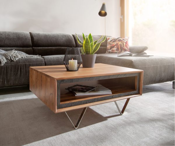 Konferenční stolek Stonegrace 80x60x40 cm přírodní akácie 1 přihrádka kamenná dýha