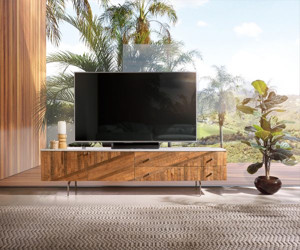 TV stolek Bahan 175 cm mango teak 2 dvířka 2 zásuvky mramor bílá - Image 2