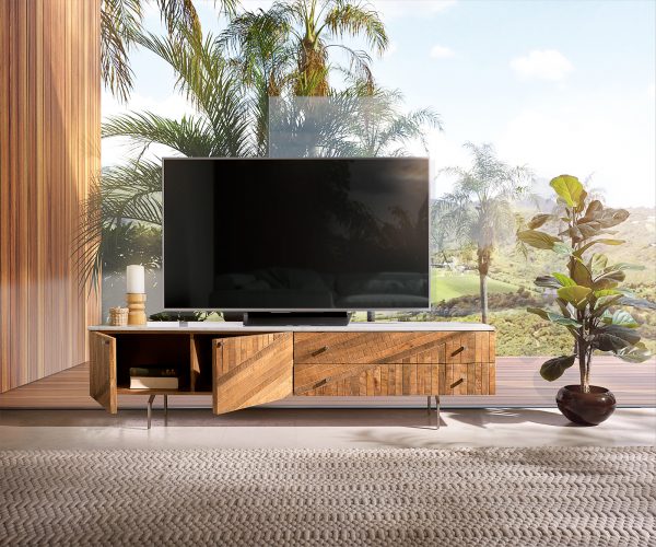 TV stolek Bahan 175 cm mango teak 2 dvířka 2 zásuvky mramor bílá - Image 4