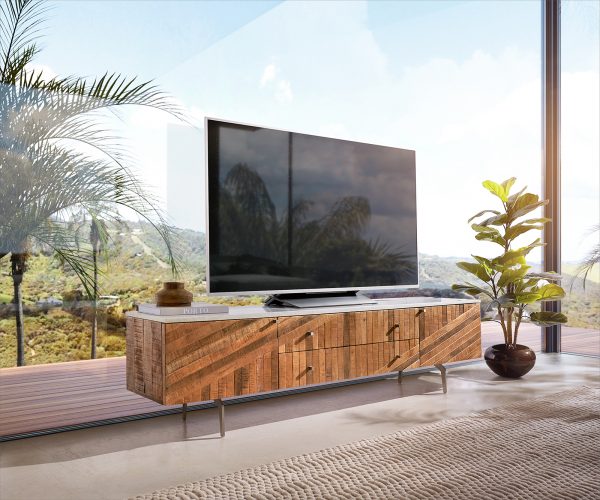 TV stolek Bahan 175 cm mango teak 2 dvířka 2 zásuvky mramor bílá