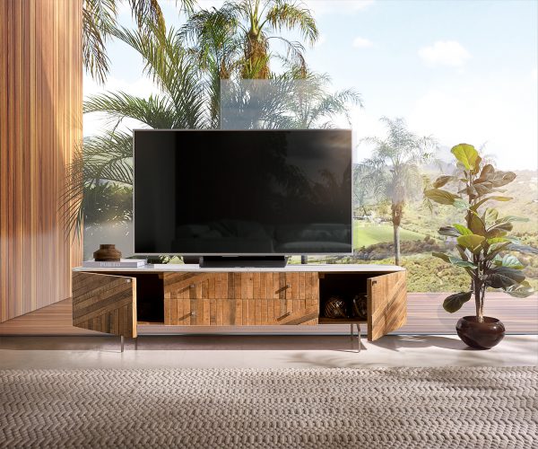TV stolek Bahan 175 cm mango teak 2 dvířka 2 zásuvky mramor bílá - Image 4