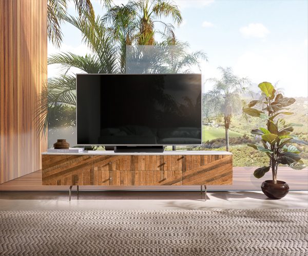 TV stolek Bahan 175 cm mango teak 2 dvířka 2 zásuvky mramor bílá - Image 2