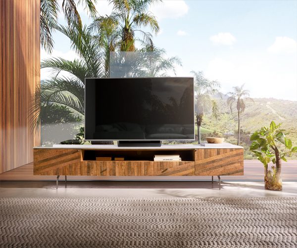 TV stolek Bahan 220 cm mango teak 2 dvířka 2 zásuvky 1 přihrádka mramor bílá - Image 2