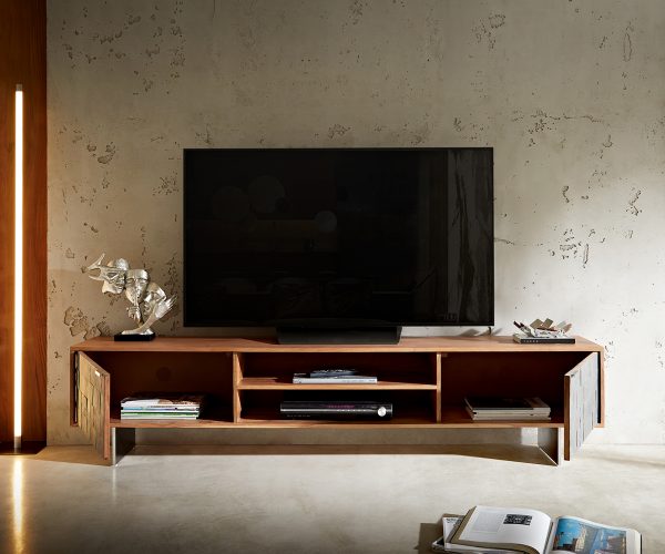 TV stolek Teele 200 cm přírodní akácie břidlice 2 dvířka podnož nerezová ocel - Image 6