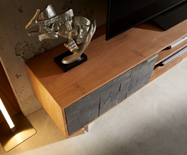 TV stolek Teele 200 cm přírodní akácie břidlice 2 dvířka podnož nerezová ocel - Image 4
