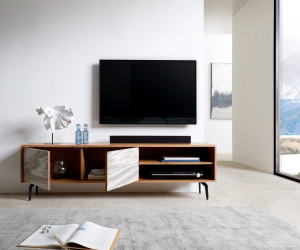 TV stolek Kleo 160 cm přírodní akácie 2 dvířka šikmá podnož černý kov - Image 4