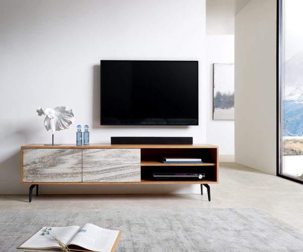 TV stolek Kleo 160 cm přírodní akácie 2 dvířka šikmá podnož černý kov - Image 2