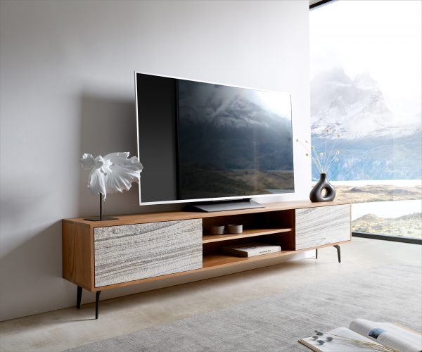 TV stolek Kleo 200 cm přírodní akácie 2 dvířka šikmá podnož černý kov