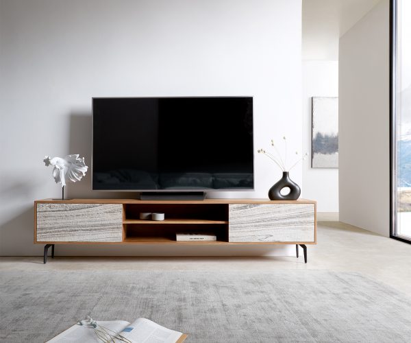 TV stolek Kleo 200 cm přírodní akácie 2 dvířka šikmá podnož černý kov - Image 2