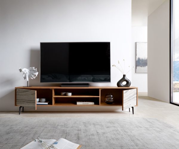 TV stolek Kleo 200 cm přírodní akácie 2 dvířka šikmá podnož černý kov - Image 4