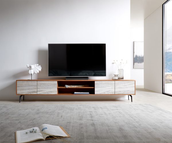 TV stolek Kleo 240 cm přírodní akácie 4 dvířka šikmá podnož černý kov - Image 2