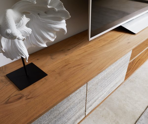 TV stolek Kleo 240 cm přírodní akácie 4 dvířka šikmá podnož černý kov - Image 6