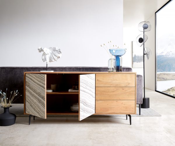 Komoda Kleo 147 cm přírodní akácie 2 dvířka 3 zásuvky podnož černý kov - Image 4