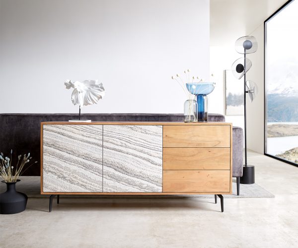 Komoda Kleo 147 cm přírodní akácie 2 dvířka 3 zásuvky podnož černý kov - Image 2