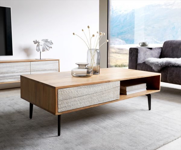 Konferenční stolek Kleo 115x60 cm přírodní akácie 2 zásuvky šikmá podnož černý kov