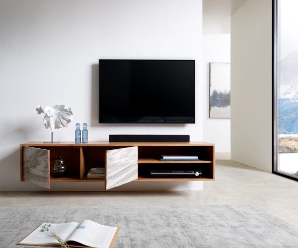 TV stolek Kleo 160 cm přírodní akácie 2 dvířka závěsný - Image 4