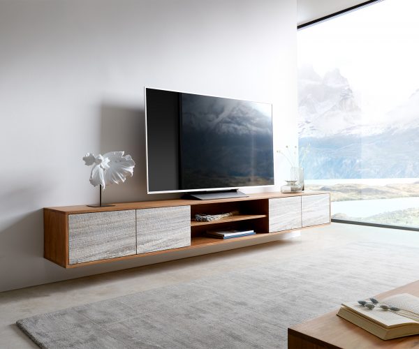 TV stolek Kleo 240 cm přírodní akácie 4 dvířka závěsný