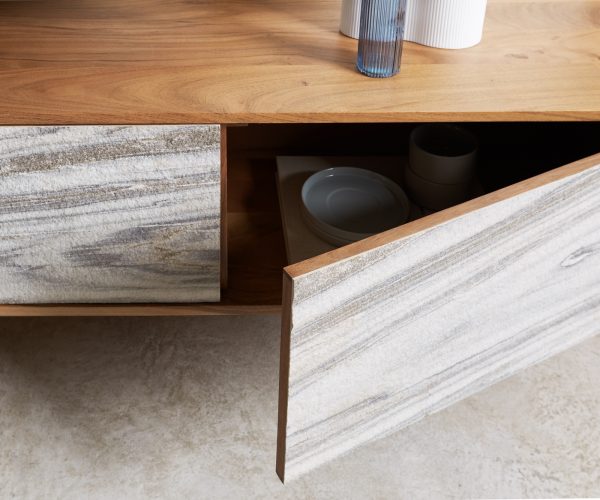 TV stolek Kleo 240 cm přírodní akácie 4 dvířka závěsný - Image 5