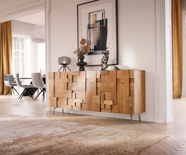 Komoda Puzzle 175 cm přírodní akácie 3 dvířka šikmá podnož nerezová ocel