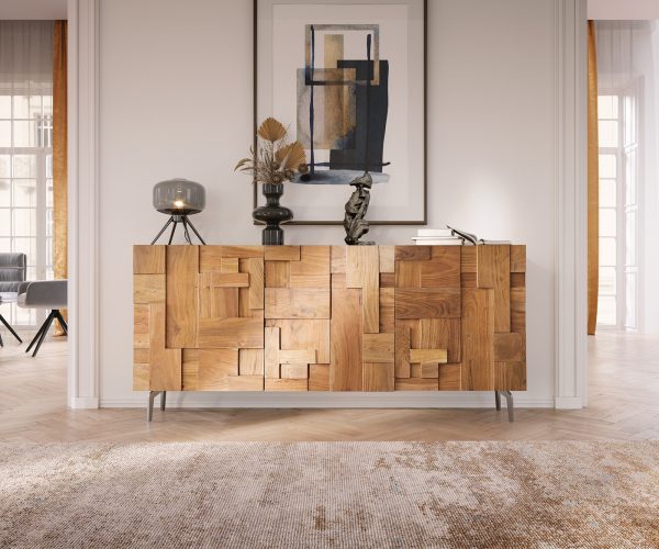 Komoda Puzzle 175 cm přírodní akácie 3 dvířka šikmá podnož nerezová ocel - Image 2