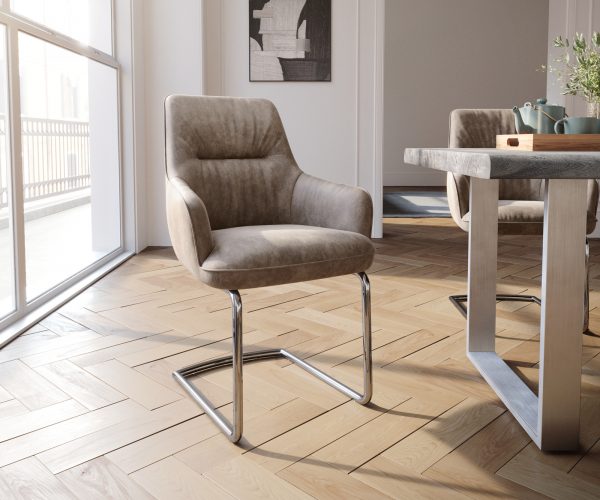 Houpací židle Zelia-Flex s područkami Taupe Vintage Cantilever Round Chrome Pocket Springs