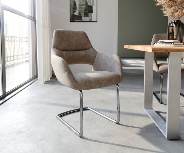 Houpací židle Yago-Flex s područkami Taupe Vintage Cantilever Round Chrome