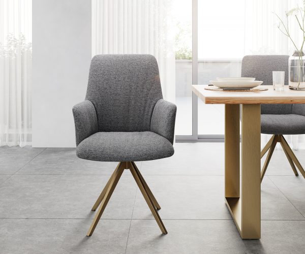 Otočná židle Willa-Flex s područkami Strukturovaná tkanina Světle šedá Křížový rám hranatý Zlatý 180° otočný - Image 2