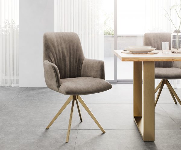 Otočná židle Willa-Flex s područkami taupe vintage křížový rám hranatý zlatý 180° otočný
