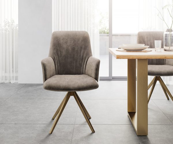 Otočná židle Willa-Flex s područkami taupe vintage křížový rám hranatý zlatý 180° otočný - Image 2
