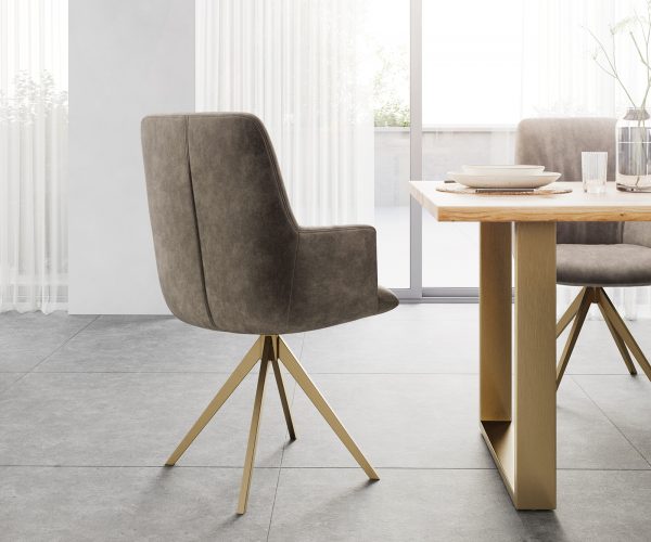 Otočná židle Willa-Flex s područkami taupe vintage křížový rám hranatý zlatý 180° otočný - Image 3