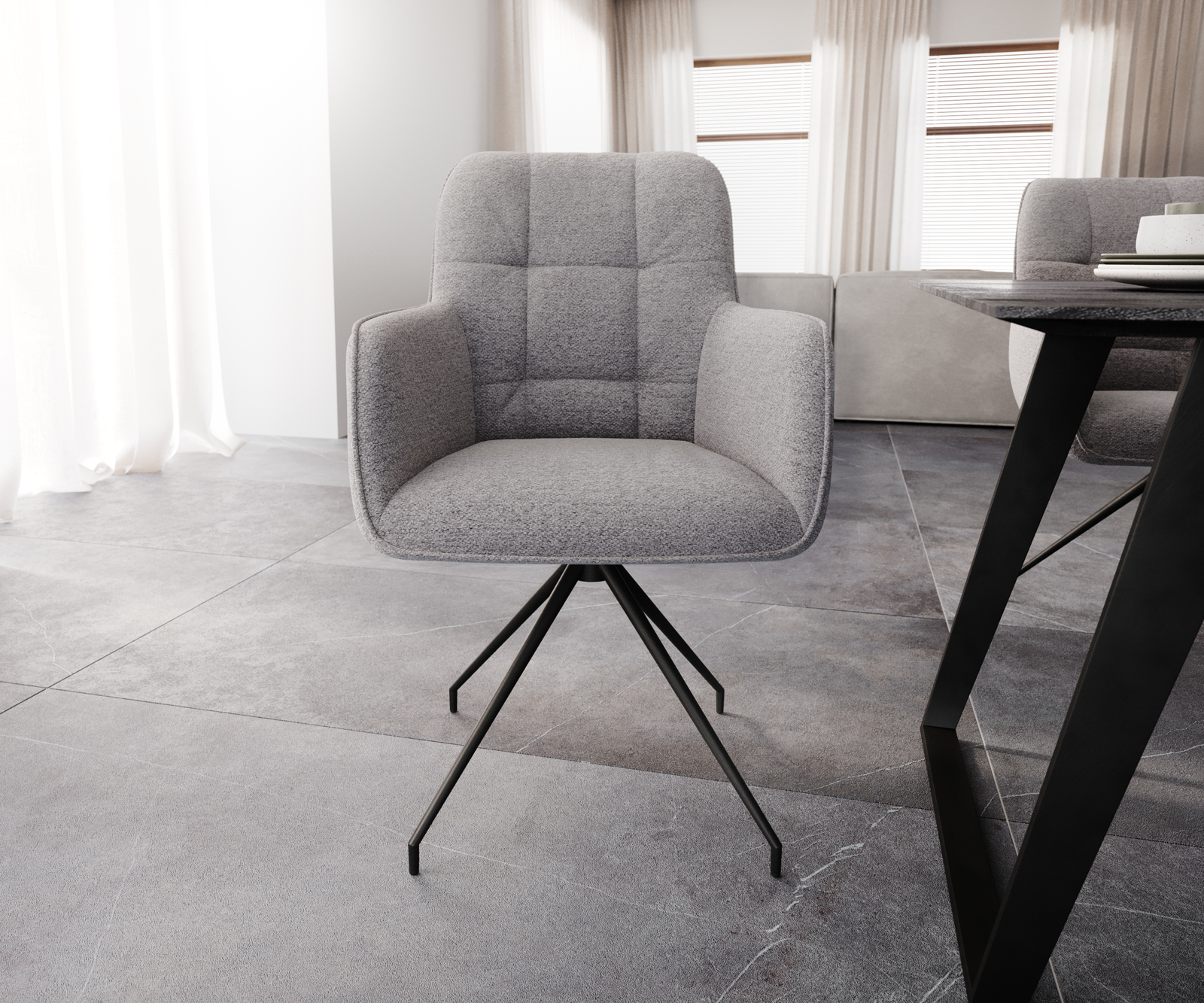 Otočná židle Juno-Flex s područkami Světle šedá texturovaná tkanina Křížová základna kuželová černá Otočná o 180° - Obrázek 2