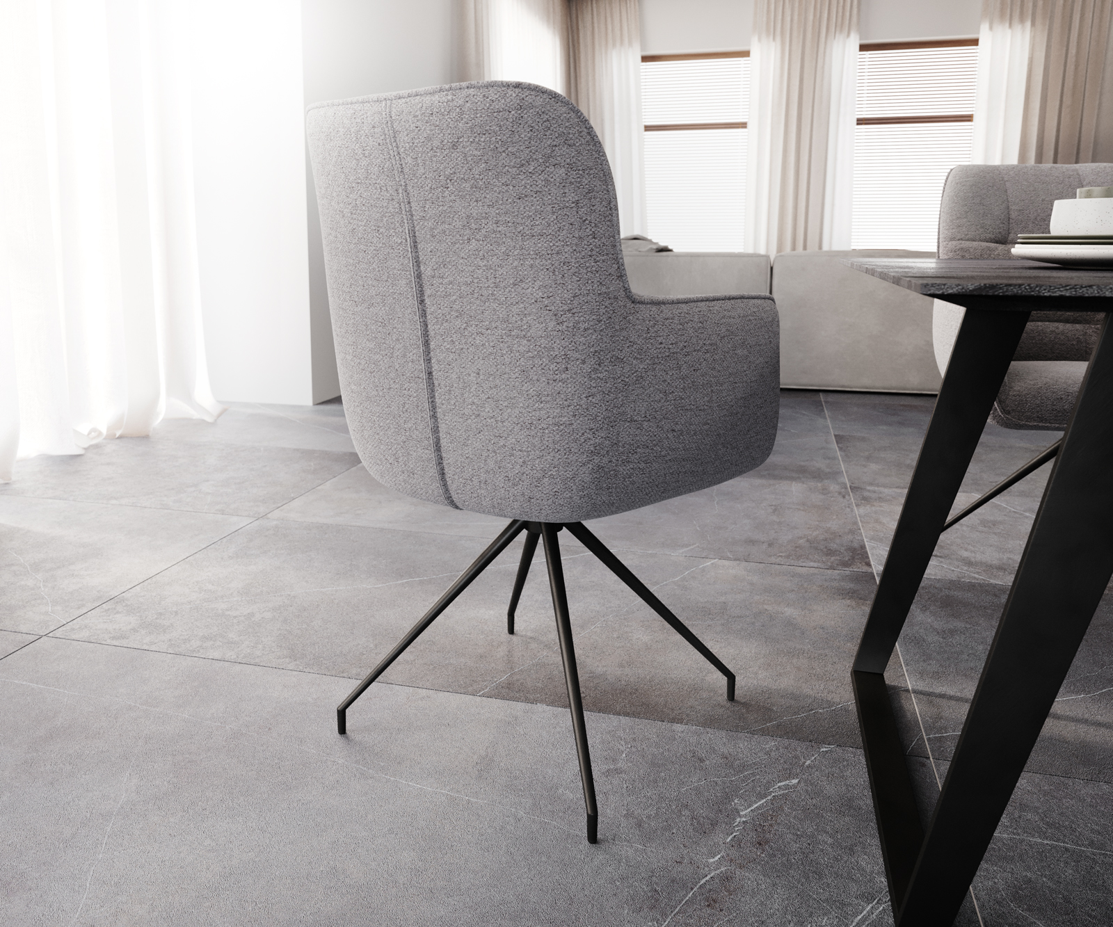 Otočná židle Juno-Flex s područkami Světle šedá texturovaná tkanina Křížová základna kuželová černá Otočná o 180° - Obrázek 3