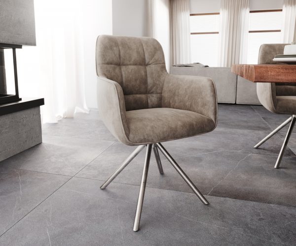 Otočná židle Juno-Flex s područkami Taupe Vintage Cross Base Round z nerezové oceli otočná o 180°