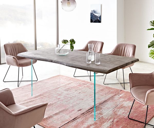 Jídelní stůl Edge 200x100 cm akácieové platinové skleněná podnož nepravidelná hrana